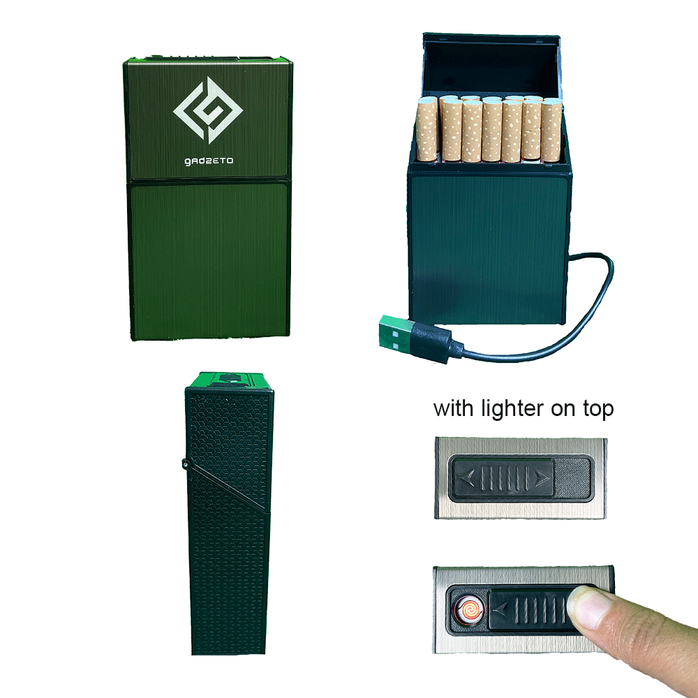 Creative Black Aluminum Cigarette Case with USB Electric Lighter for Whole Package 20pcs Cigarettes